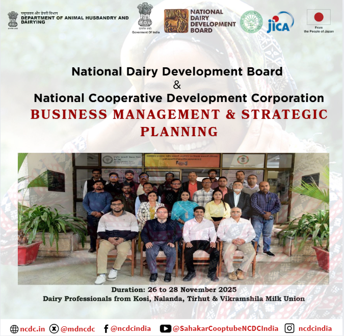 mdncdc's tweet image. In view of the International Year of Cooperatives 2025, the National Dairy Development Board (NDDB), in association with the LINAC-National Cooperative Development Corporation (NCDC), organized a Business Management and Strategic Planning Training Programme from 26th to 28th…