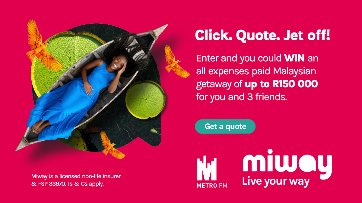 miwayinsurance's tweet image. Start the week off right with a chance to WIN big.
Get your quick, no-obligation quote (link in bio)
You could score a Malaysian escape for 4 worth up to R150 000, plus cash prizes on METROFMSA!

Tag 3 friends, add a 🌴, and use the hashtag MiwayToMalaysia to enter.