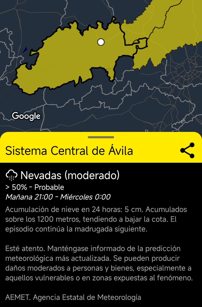 Meteoavila2's tweet photo. ⚠️ La Agencia Estatal de Meteorología activa el aviso amarillo por nevadas para mañana a partir de las 21:00h en el sistema central.

❄️ Se pueden acumular 5 cm a partir de 1200 metros aunque la cota tenderá a bajar a los 1000 metros.

👉 Buena oportunidad para ver nevar en la ciudad de #Ávila.