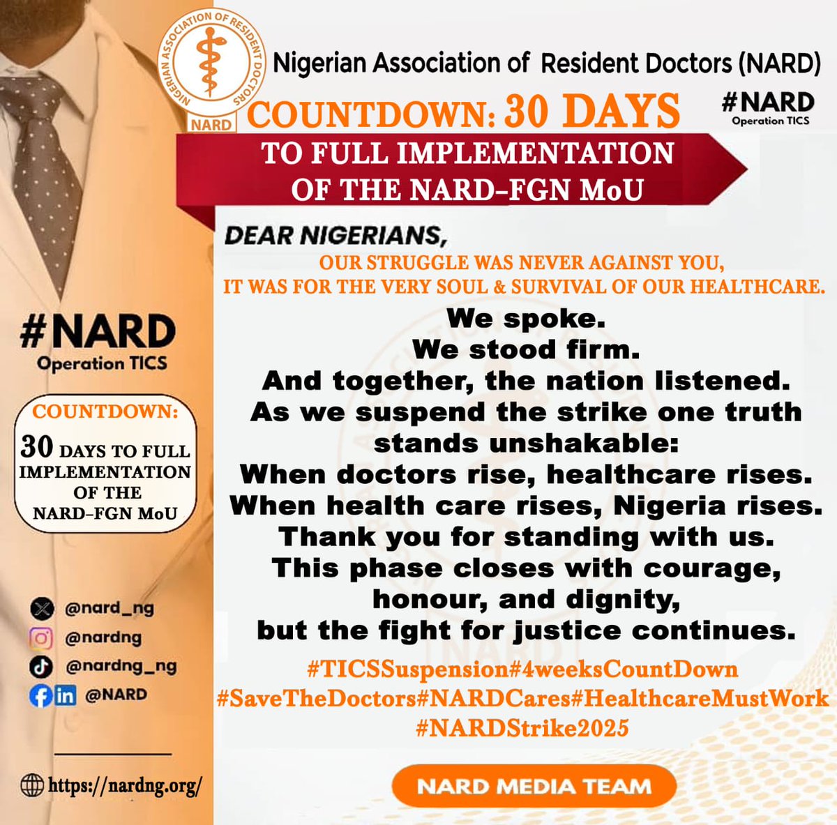 nard_nigeria's tweet image. COUNTDOWN: 30 DAYS TO FULL IMPLEMENTATION OF THE NARD–FGN MoU

Dear Nigerians,

Our struggle was never against you, it was for the very soul &amp;amp; survival of our healthcare.

We spoke.
We stood firm.
And together, the nation listened.

As we suspend the strike one truth stands…