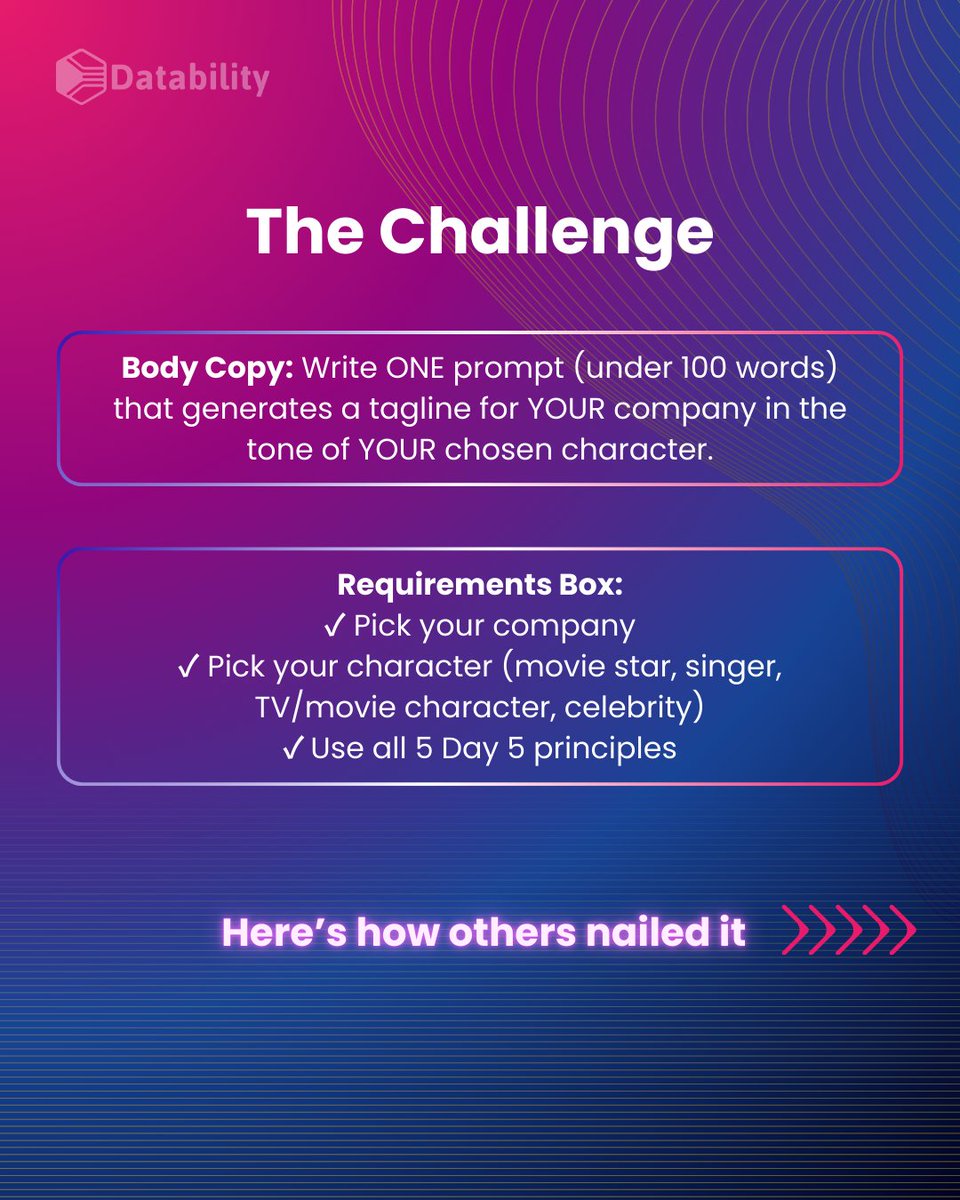 DatabilityCo's tweet image. We&apos;re on a mission to unlock #Aiskills for everyone - mastering the 5 core principles of effective #prompting:

✓ Direction
✓ Format
✓ Constraints
✓ Creative Cues
✓ Iteration

Swipe to see how Datability nailed the most EPIC #aichallenge.