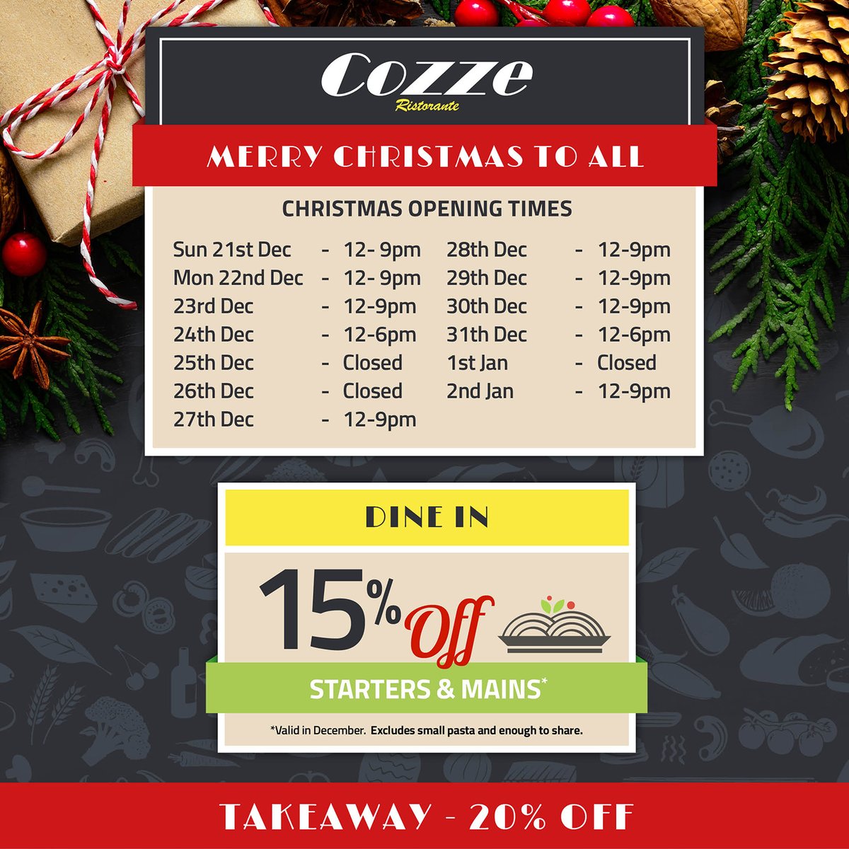 15% OFF all starters and mains when dining in throughout December!* Register at cozzerestaurants.co.uk
Pangbourne: 0118 984 5858
Woodley: 0118 927 2581

#pangbournevillage #pangbourne #woodley #liveinwoodley #rdguk #woodleymums #pangbournemums #foodiesrdg #deliveroouk #justeatuk
