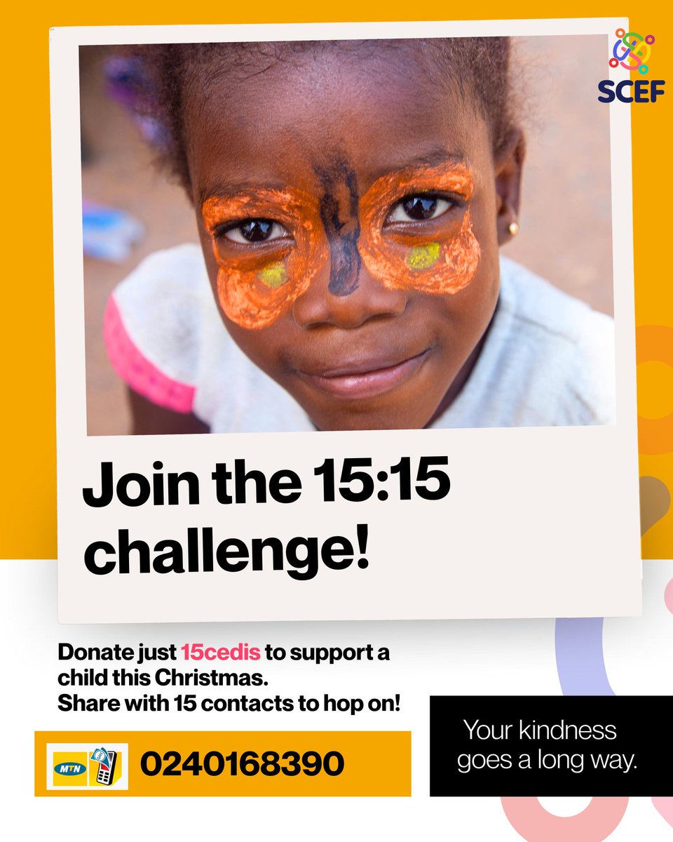 Join our GHS 15 for 15 Years Challenge!
To celebrate SCEF’s 15th Anniversary, donate GHS 15 (or more) to fund a child’s Christmas hamper, then challenge 15 friends to do the same within 15 hours.
Help us share Joy Beyond the Streets this Christmas.

globalgiving.org/fundraisers/sh…
