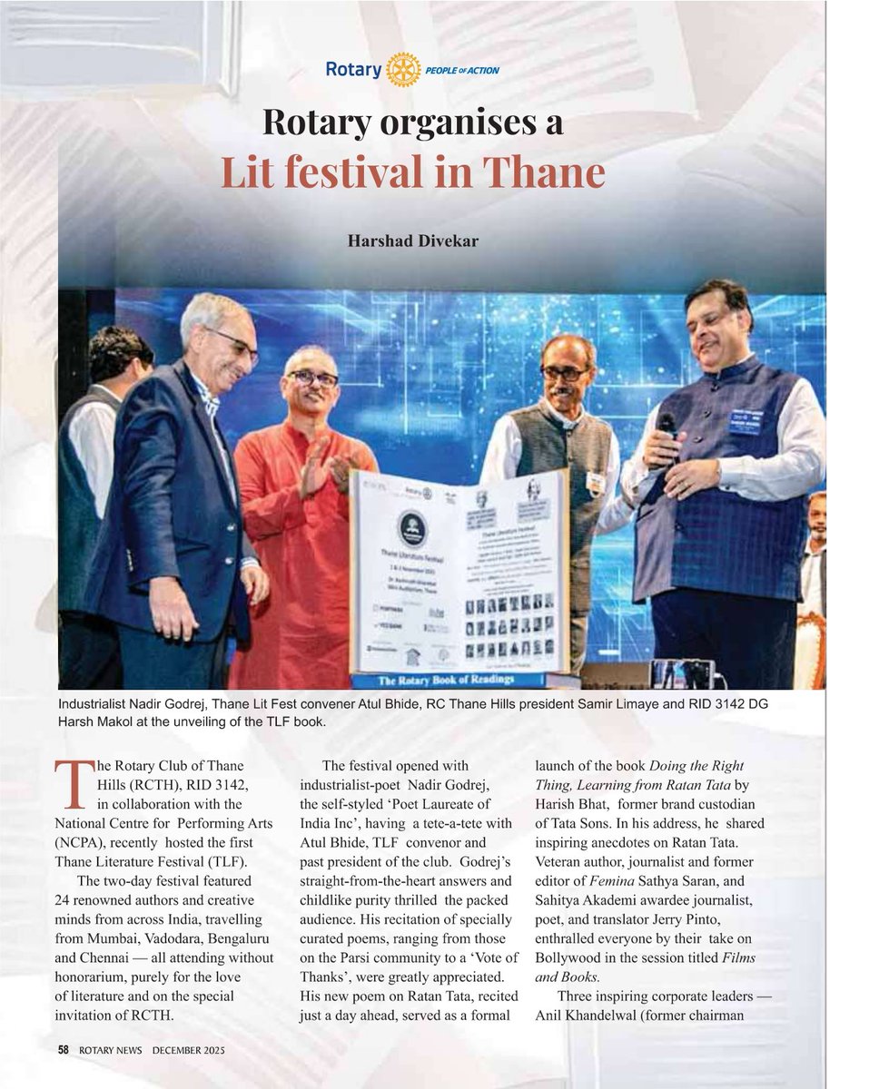 RCThaneHills's tweet image. So good to see our literary initiative @thanelitfest organized in collaboration with @NCPAMumbai is covered in the latest Dec. 2025 issue of @Rotary News India, an official Regional Magazine of @Rotary Thank you Publisher P T Prabhakar, editor @rushbl 
@JohnHewko @bachikarkaria