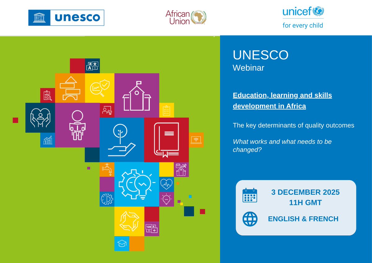 📢 Register now for <a href="/UNESCO_Dakar/">UNESCO Dakar 🏛️ #Education #Sciences #Culture</a>'s upcoming webinar: Education, learning and skills development in Africa: The key determinants of quality outcomes - What works and what needs to be changed?

📅 Wednesday, 3 December 2025
🕔 11h (GMT)
⏳ 90 minutes

The webinar will explore: