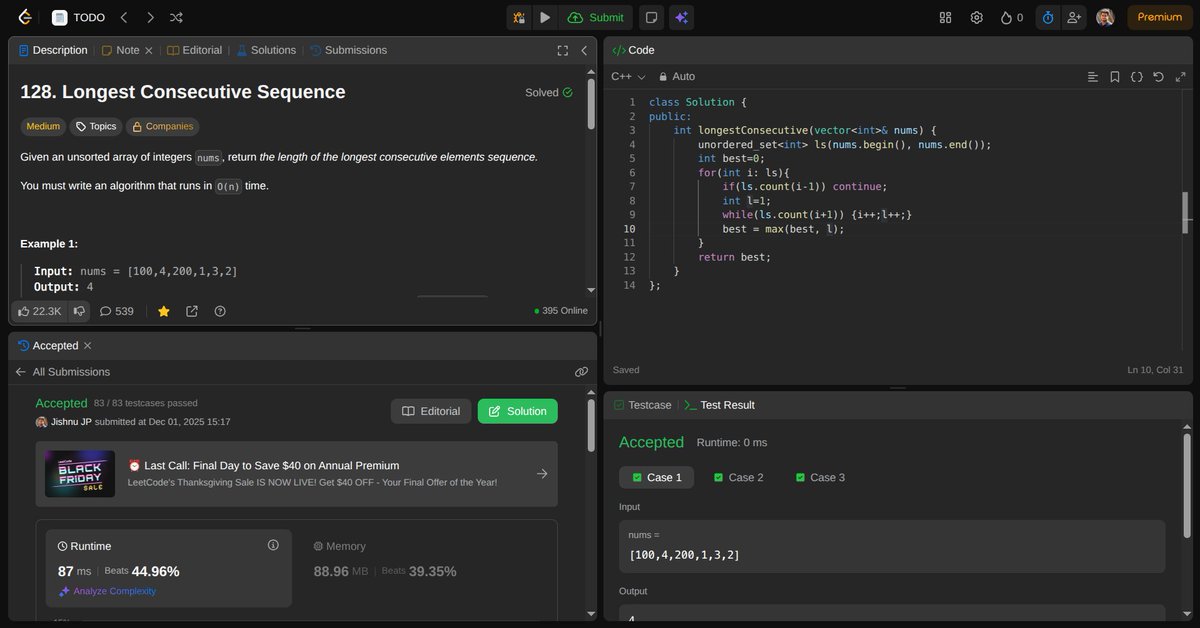 Jishnu_J_P's tweet photo. 🚀 Day 59 of #100DaysOfCode
🎯 Solved: Longest Consecutive Sequence
💡 Topics: Array , Hash tables https://t.co/sQnS5BXPCc