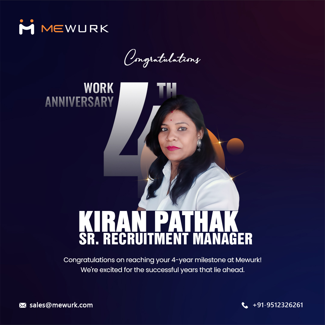 mewurk77237's tweet photo. A huge shout-out to our Senior Recruitment Manager, Kiran Pathak, on her 4th Work Anniversary at Mewurk. 

Wishing you many more years of growth!

https://t.co/RA2Y9xxsrP
#MewurkHR #WorkAnniversary #RecruitmentManager #CultureBuilder #4YearsStrong #TeamMewurk #CareerMilestone https://t.co/tDbBWqxcwC
