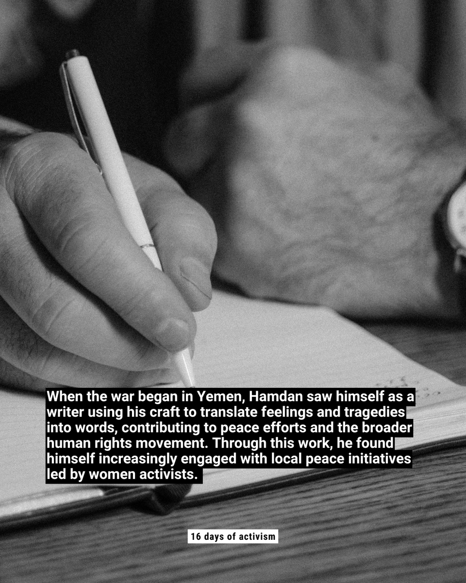 WILPF's tweet photo. This #16Days of Activism, meet @HamdanDammag — novelist, researcher, activist, and male ally for feminist peace in #Yemen.
#MaleAlly #FeministPeace #Masculinities #MobilisingMen #WILPF #MMFP https://t.co/I0lTy8P4UM