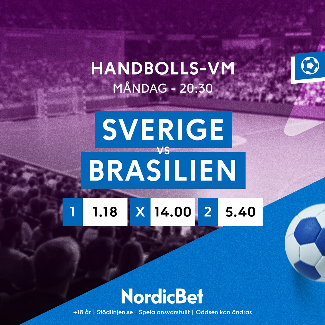 Sverige är redan klara för mellanrundan efter sina två vinster. Men först väntar Brasilien i kampen om gruppsegern. 🇸🇪🇧🇷

Till oddsen: go.nordicbet.com/handbolls-vm

+18 år | stödlinjen.se | Spela ansvarsfullt