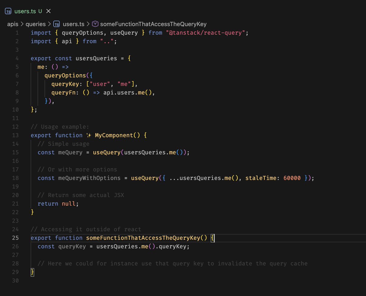 ipla03's tweet image. In case you didn&apos;t know you should use the queryOptions function from react-query

This way you don&apos;t need to wrap useQuery with a custom hook to avoid duplicating code

You pass that directly to useQuery, so you can very easily add more option with full type safety out of the…