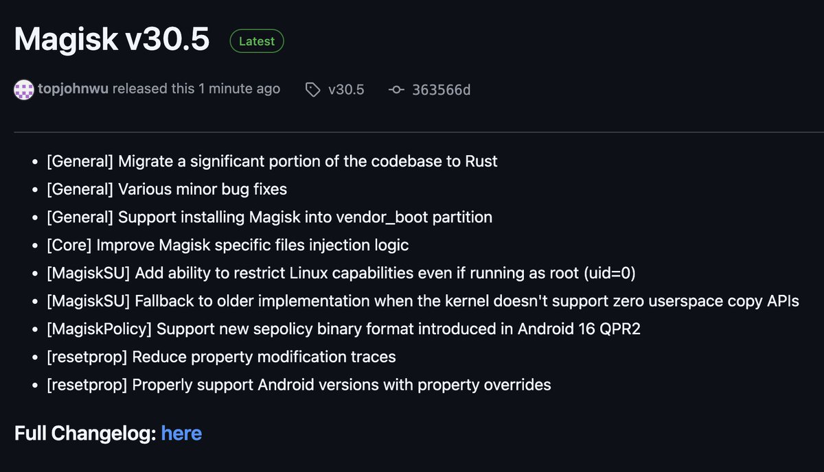 topjohnwu's tweet image. Just published Magisk v30.5, the latest stable release!