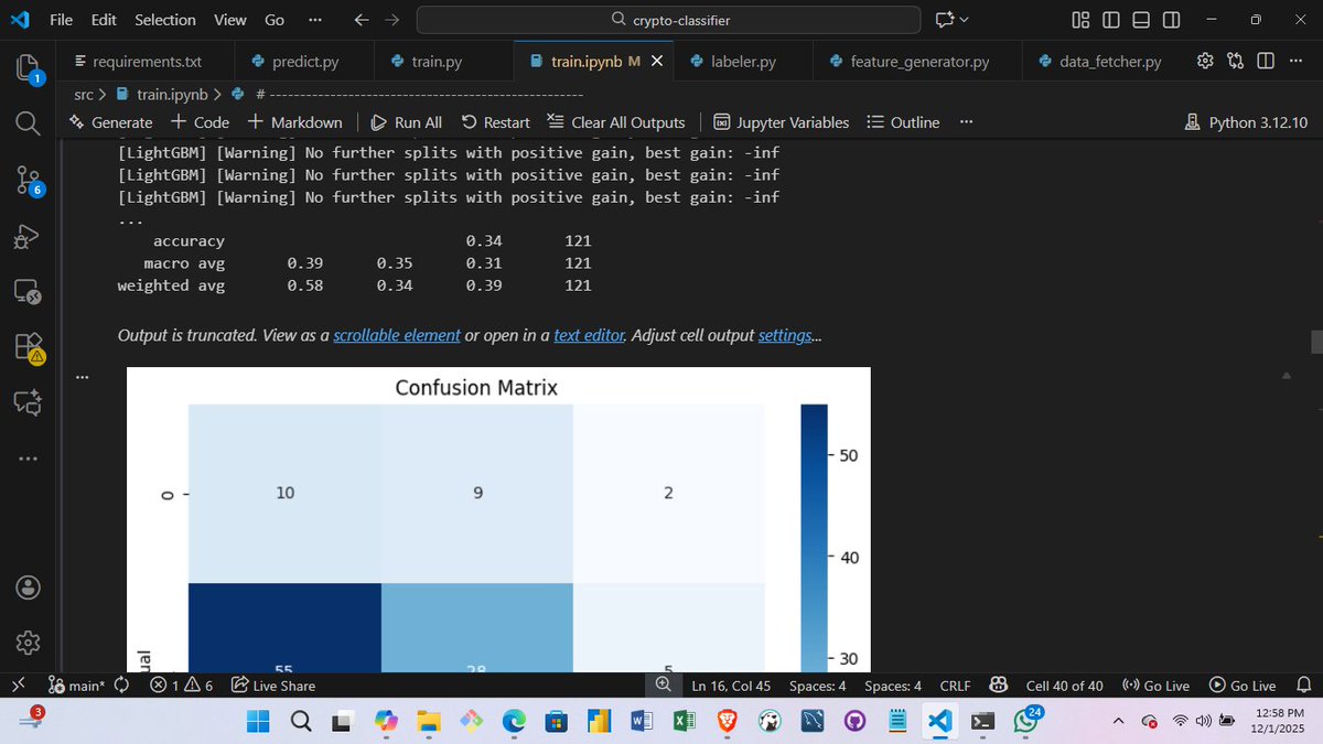 gregorytechKE's tweet image. day 7 
tested models to predict crypto trends
tried Logistic Regression, Random Forest, XGBoost, CatBoost, LightGBM, and explored LSTM/GRU for sequential price prediction.
#MachineLearning #Python #DataScience
@HarunMbaabu @__ogero @LuxDevHQ #Data