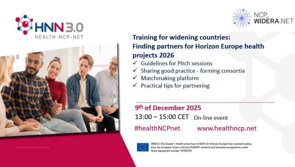 ncp_wideranet's tweet image. 📢Training for #widening applicants preparing #HorizonEurope #Health calls 2026:
🗓 09 Dec | ⏰ 13:00–15:00 | 🌐 Online
Boost your partner search &amp;amp; consortium-building skills.
Perfect
👉 healthncp.net/news-events/hn…