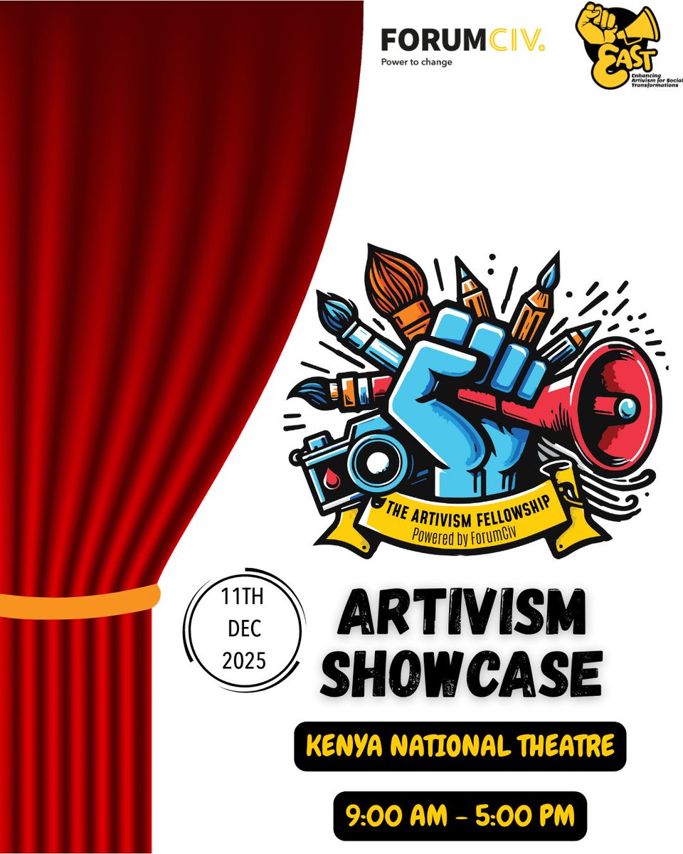 ForumCivESA's tweet image. Our #Artivism showcase is coming this December! 🔥

Join us on December 11, 2025, at the Kenya National Theatre for powerful performances, bold storytelling, immersive art, and East Africa’s most exciting creative energy.

Seats are limited, so register now to attend at no…