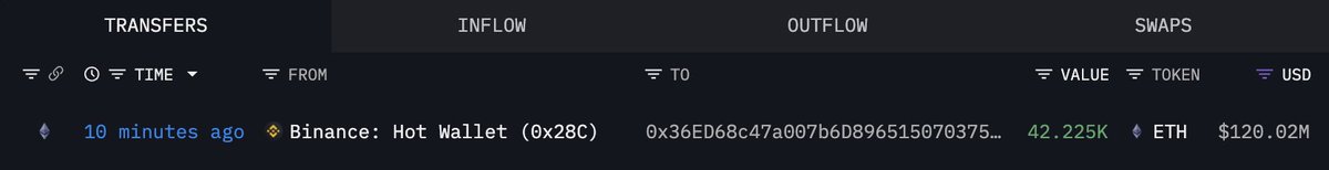 바이낸스에서 새 지갑으로 이체된 1억 2천만 달러 상당 ETH 인출 거래 스크린샷