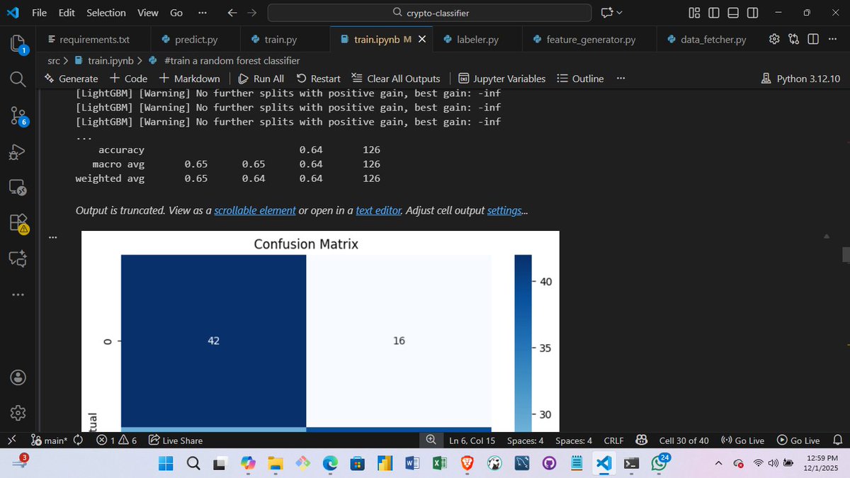 gregorytechKE's tweet image. day 7 
tested models to predict crypto trends
tried Logistic Regression, Random Forest, XGBoost, CatBoost, LightGBM, and explored LSTM/GRU for sequential price prediction.
#MachineLearning #Python #DataScience
@HarunMbaabu @__ogero @LuxDevHQ #Data