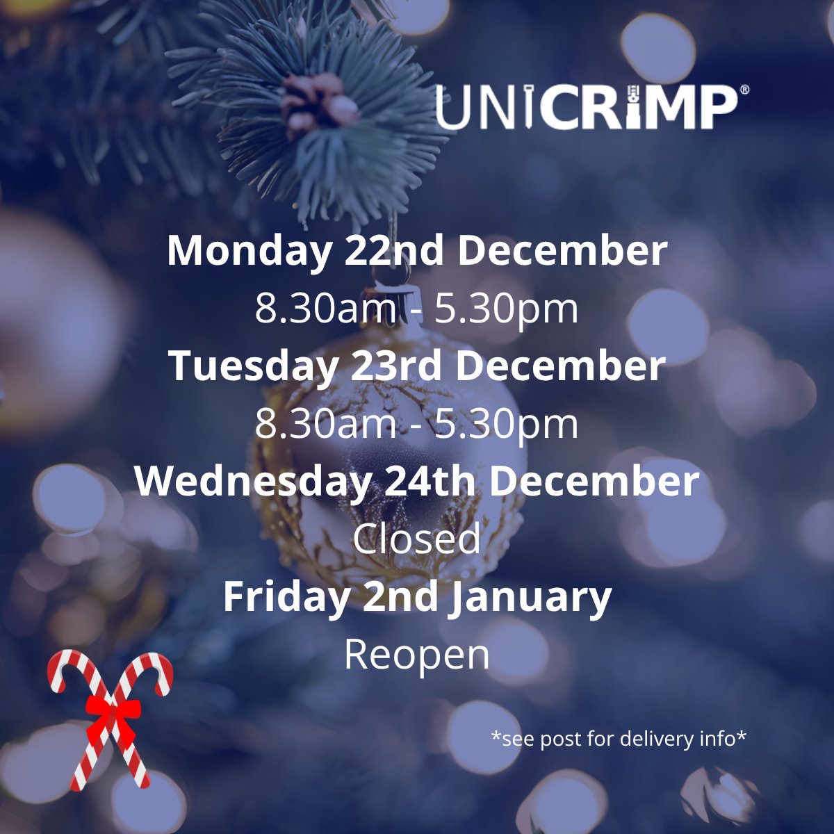 Unicrimp's tweet image. Unicrimp Christmas Update 🎄

📆 Opening Hours
• 22–23 Dec: 8:30–17:30
• 24 Dec: CLOSED
• Reopen: 2 Jan

🛒 Standard Delivery: Order by 4pm, 17 Dec for pre-Christmas delivery
🎁 Next Day Priority: Order by 4pm, 19 Dec (UK mainland; charges apply; orders £1000+ not guaranteed)