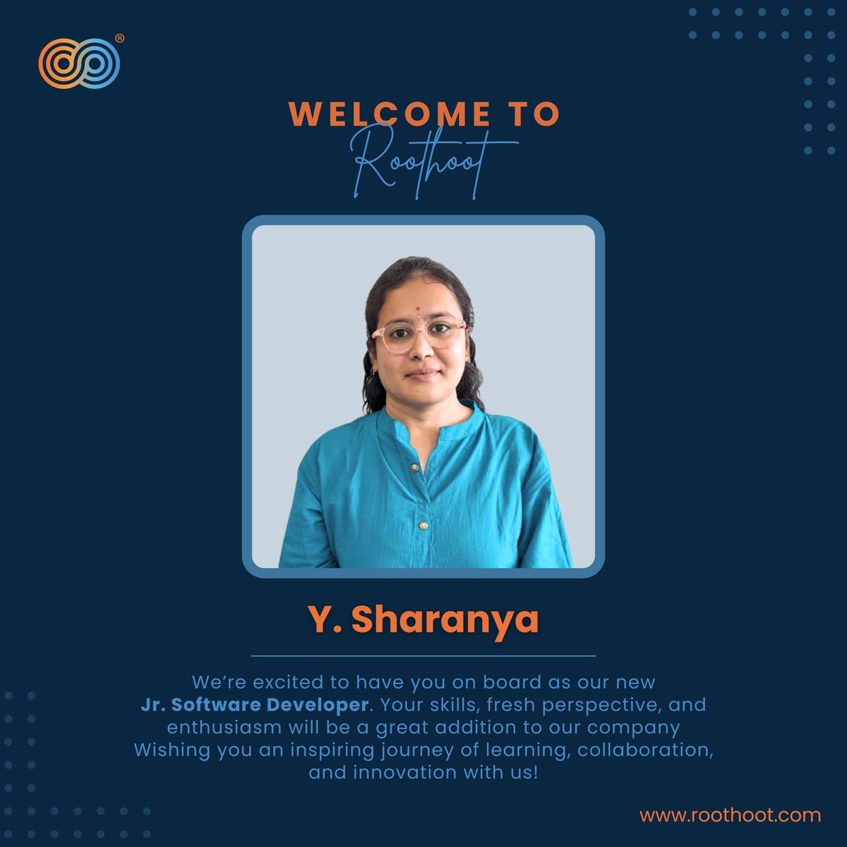 roothootco's tweet image. Welcome to the Roothoot Family, Y. Sharanya!
Excited to have you join us as our new Jr. Software Developer.
Wishing you a great journey of learning, innovation &amp;amp; growth with us! 

#WelcomeAboard #NewJoiner #Roothoot #SoftwareDeveloper #WomenInTech #TechCareers #TeamGrowth