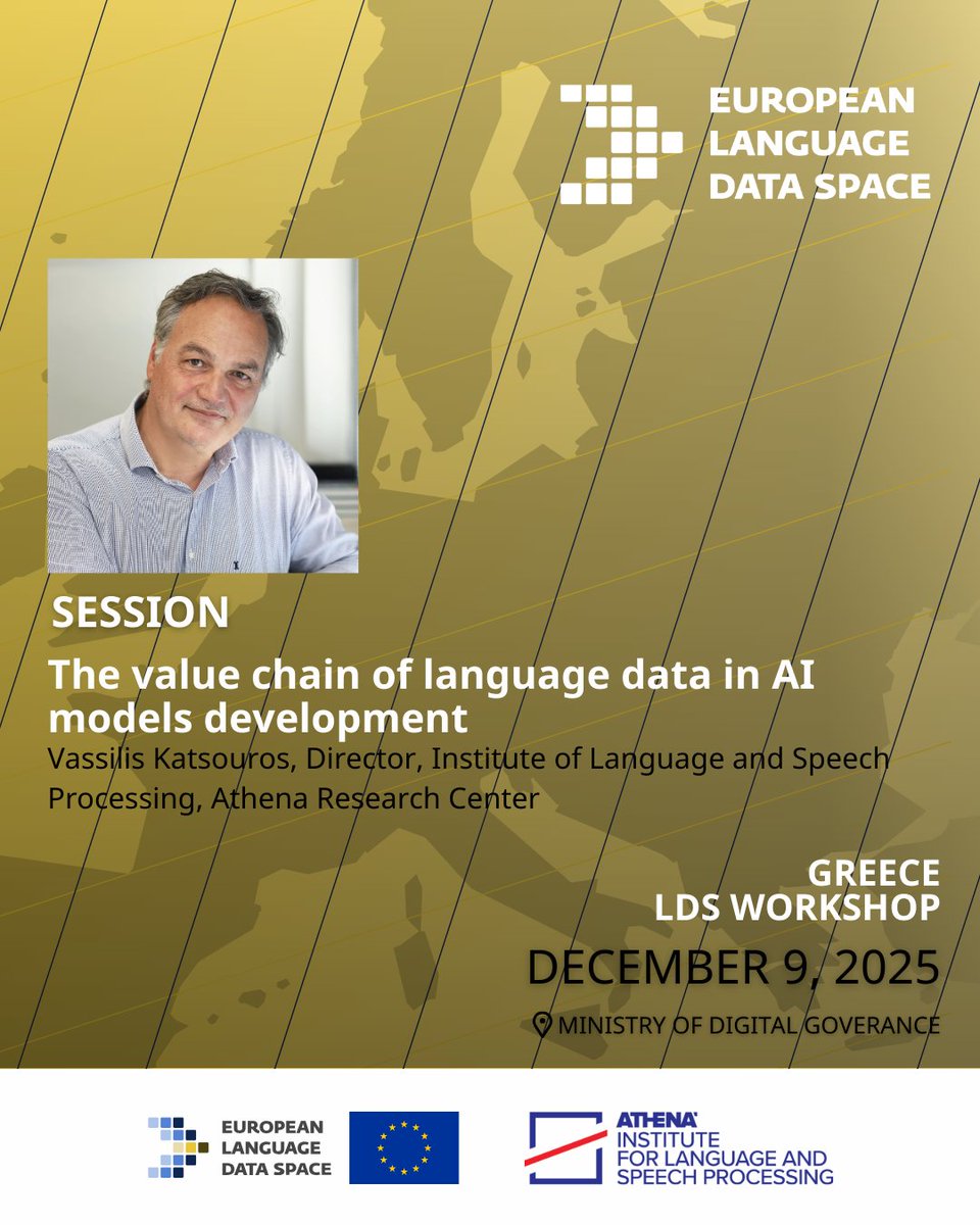 athenaRICinfo's tweet image. 📢 Join the #LDS Workshop in Greece!

🗓️ 9 Dec | 📍Ministry of Digital Governance, Athens
🎙️ With speakers from @EU_Commission, @AthenaRC, &amp;amp; @govgr on AI, public data &amp;amp; language tech.
🔗 Register: bit.ly/4r9R9Na

#LanguageData #AI #GreekLLMs