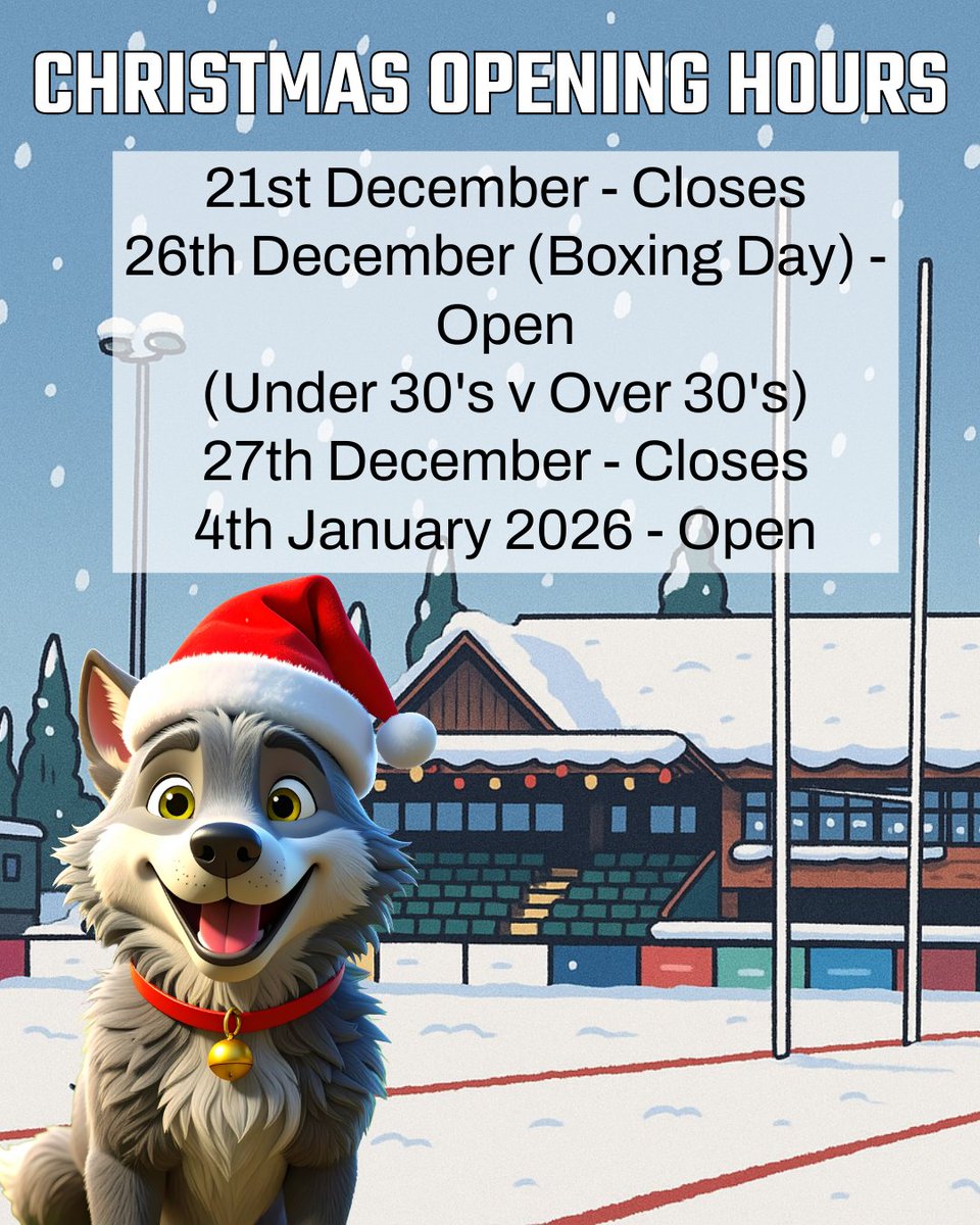 Here is an early heads up of our Christmas opening hours.

21st December - Last Day 
26th December / Boxing Day - Open (Under 30's v Over 30's)
4th January 2026 - Open