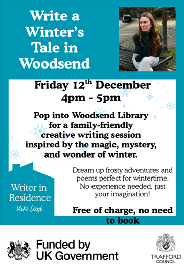 TraffLibraries's tweet image. What are your favourite things about winter? Our Writer in Residence, Vicki Leigh will be running a family-friendly creative writing workshop at Woodsend Library. Explore the magic, mystery and wonder of winter!
Friday 12th December, 4pm - 5pm. Free activity, no booking required.