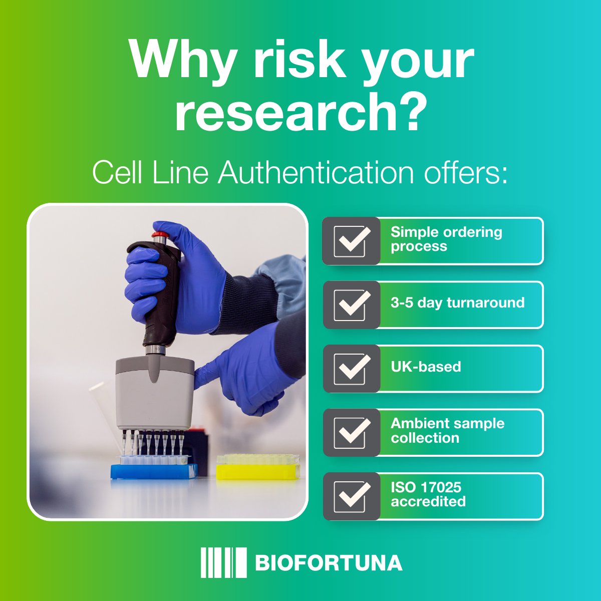 BiofortunaLtd's tweet image. What if your research is based on the wrong cell line? 

1 in 3 cell lines in research are misidentified or contaminated, making cell line authentication critical.

At Biofortuna, we analyse 24 STR markers to ensure the integrity of your samples ✅

#CellLines #QC #Authentication