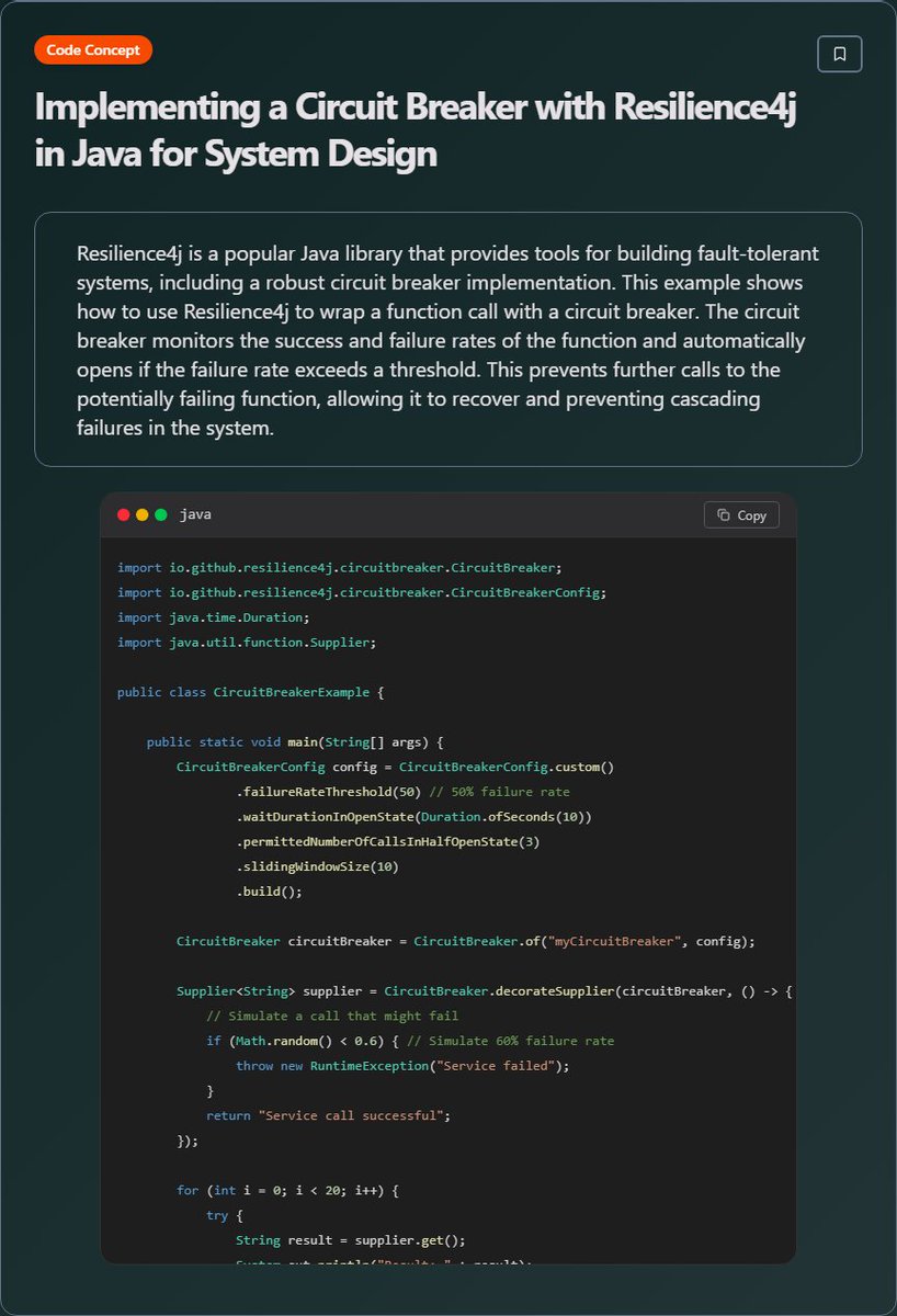 techielearns's tweet image. ✨ Implementing a Circuit Breaker with Resilience4j in Java for System Design

#SystemDesign #Architecture #Scalability #DistributedSystems #100DaysOfCode #DevLife