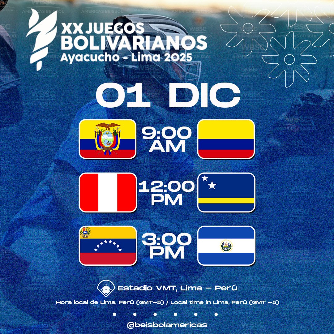 #Bolivarianos 🏆

Segunda jornada 📆 

🇨🇼🇨🇴🇪🇨🇸🇻🇻🇪🇵🇪

Upcoming games 📆 

🏟 Estadio Villa María del Triunfo 
📍 Lima, Perú 🇵🇪
Detalles/Details 💻 wbscamericas.org

#OurGame 
#NuestroJuego