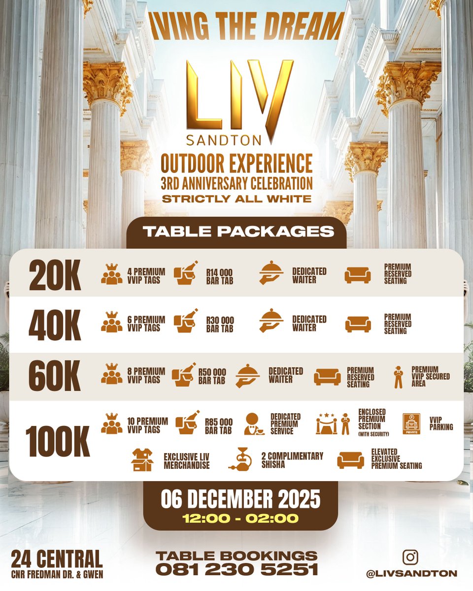 OffsetMGroup's tweet image. LIVSandton is celebrating its 3rd birthday celebration in style this Saturday 🔥. Here is their star-studded lineup for the big day and the table packages they have 🥂. Tag along your friends for a good time and make memories 🥂. #LIVingTheDream #LIVingTheMemory