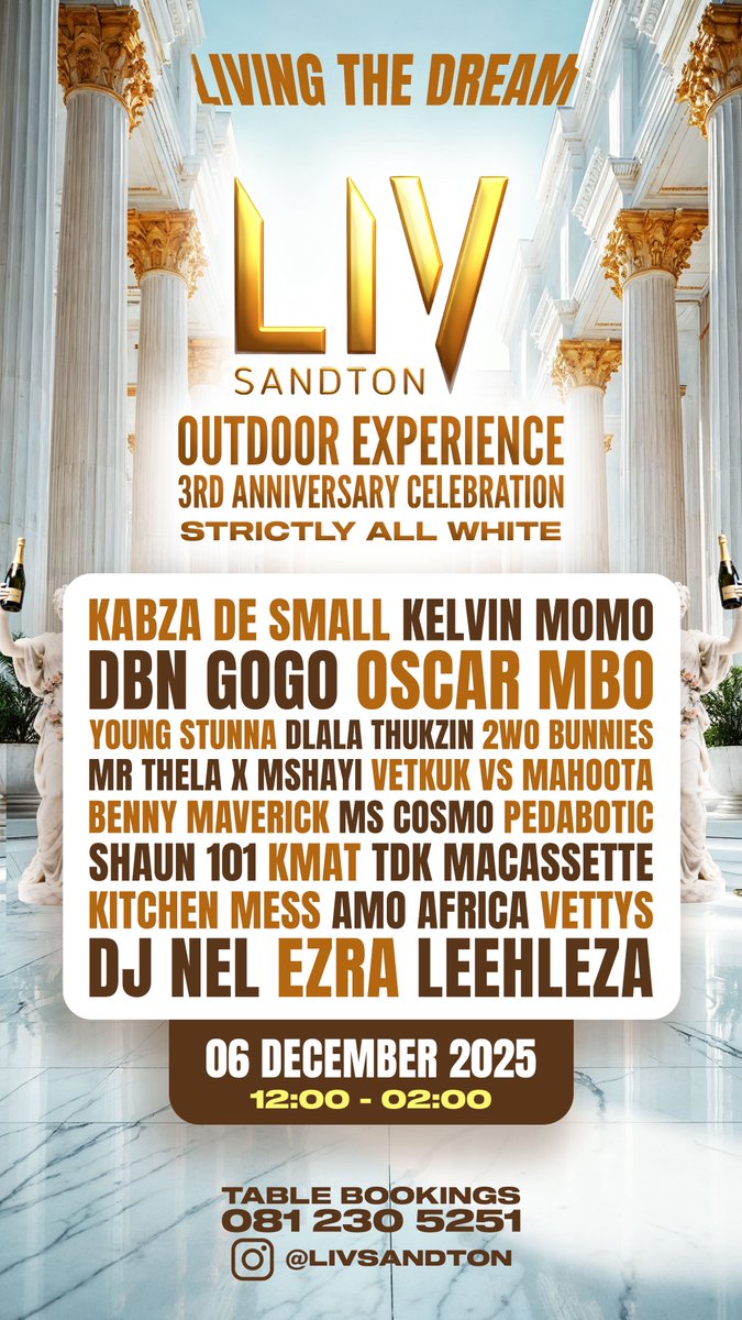 OffsetMGroup's tweet image. LIVSandton is celebrating its 3rd birthday celebration in style this Saturday 🔥. Here is their star-studded lineup for the big day and the table packages they have 🥂. Tag along your friends for a good time and make memories 🥂. #LIVingTheDream #LIVingTheMemory