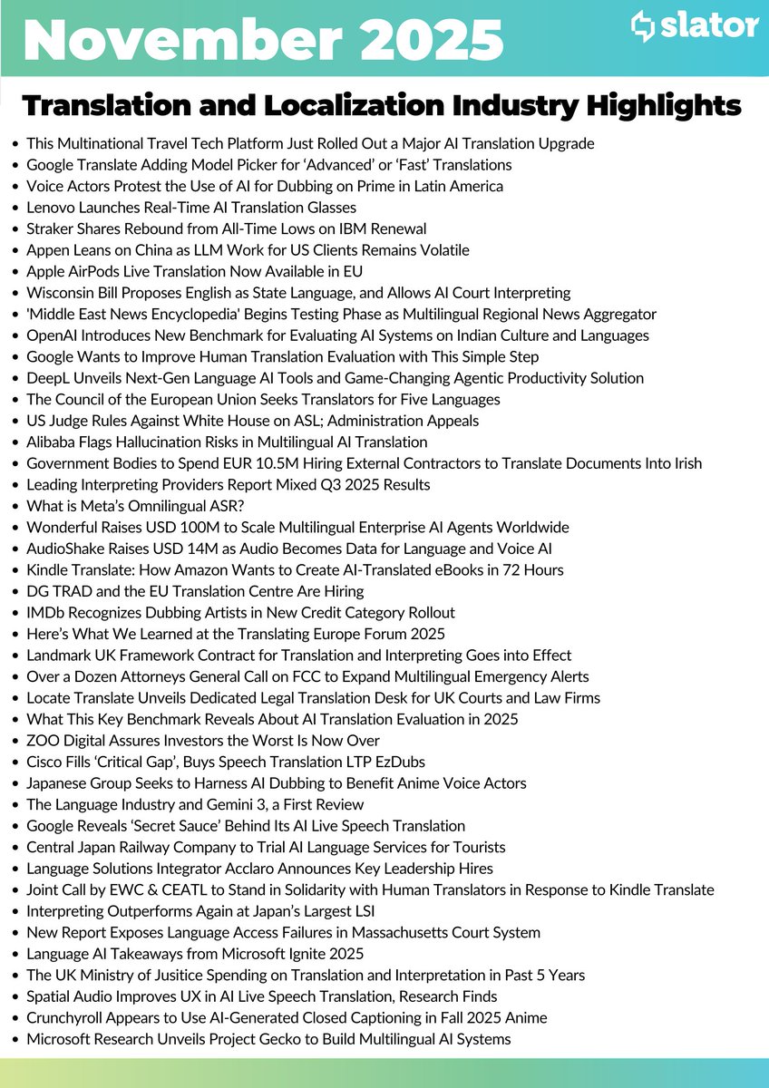 slatornews's tweet image. Check out Slator’s Monthly Highlights 👉 @Google Reveals ‘Secret Sauce’ Behind Its AI Live Speech Translation and US Judge Rules Against White House on ASL were among this month&apos;s top stories. Here&apos;s what else happened in the language industry 🤩
#translation #localization…