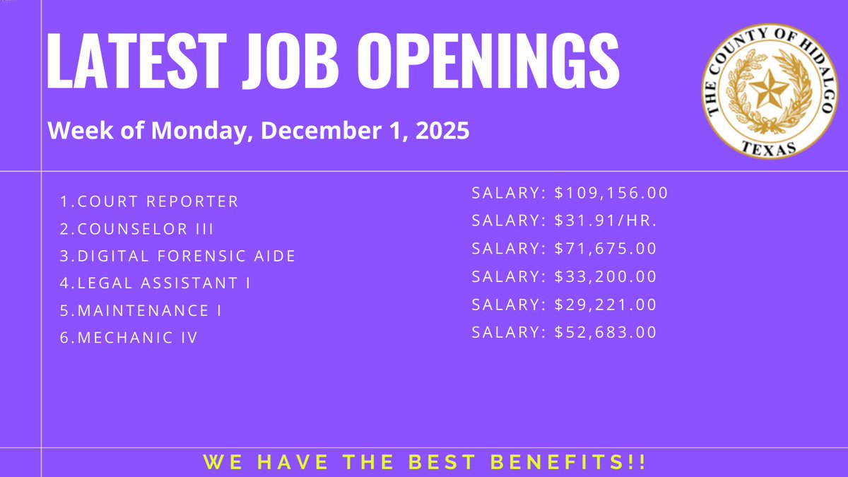 🚨 Now Hiring!
Hidalgo County has new job opportunities this week! Explore open positions and start your next career chapter with us.
➡️ Apply today at the County's website - governmentjobs.com/careers/hidalg…

#RGVjobs #NowHiring #Job