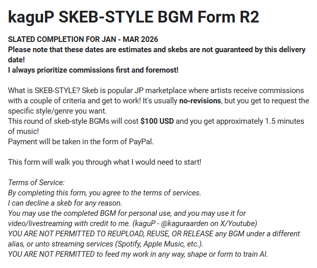 👋Hi, everyone! 

I'm opening a second run of my skeb-style BGMs for the last time this year! I'm planning on increasing the price of skebs next year due to demand, so this is the last time they'll be $100 per skeb!  

Link to the forms in replies!