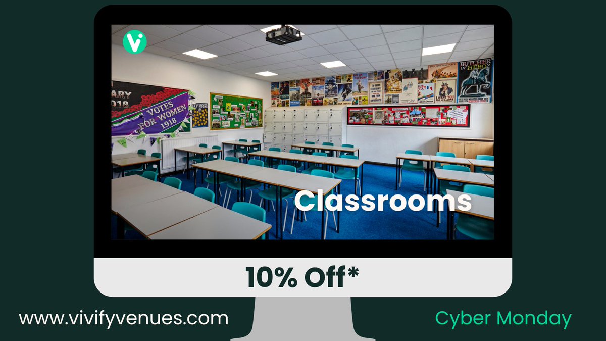 vivifyvenues's tweet photo. 10% Off* Classrooms for #CyberMonday!

Need training space, exam rooms, or tutoring venues? Book today and get 10% off* our flexible classrooms.

Find your local space:https://t.co/QYWF4B4YqE

*T&amp;Cs apply
#ClassroomHire #TrainingVenue #TutoringSpace #MeetingRoom #LanguageClass https://t.co/J0uoZvobKf