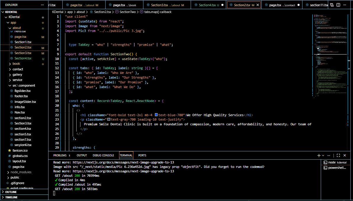Bida_4's tweet image. Been working on the About Page today. Completed the second section with clinic info + dentist photo layout.
Next.js components really make the workflow clean and organized 💻✨

#NextJS #WebDev #FrontendDeveloper