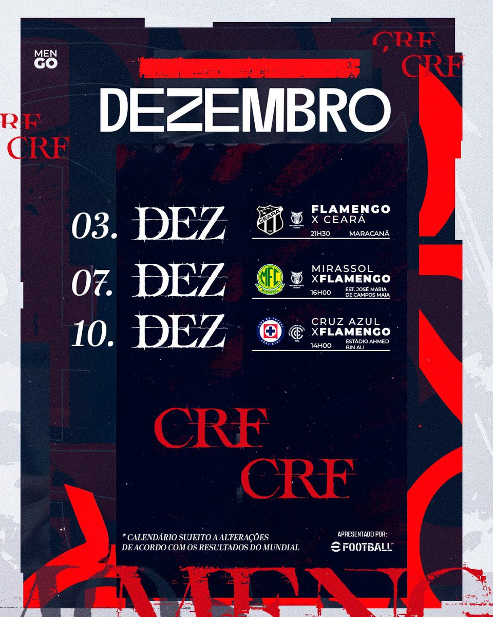 Flamengo's tweet image. Chegamos no último mês do ano e esses serão nossos próximos compromissos, Nação! Anota aí na agenda! 🗓️

#Calendário