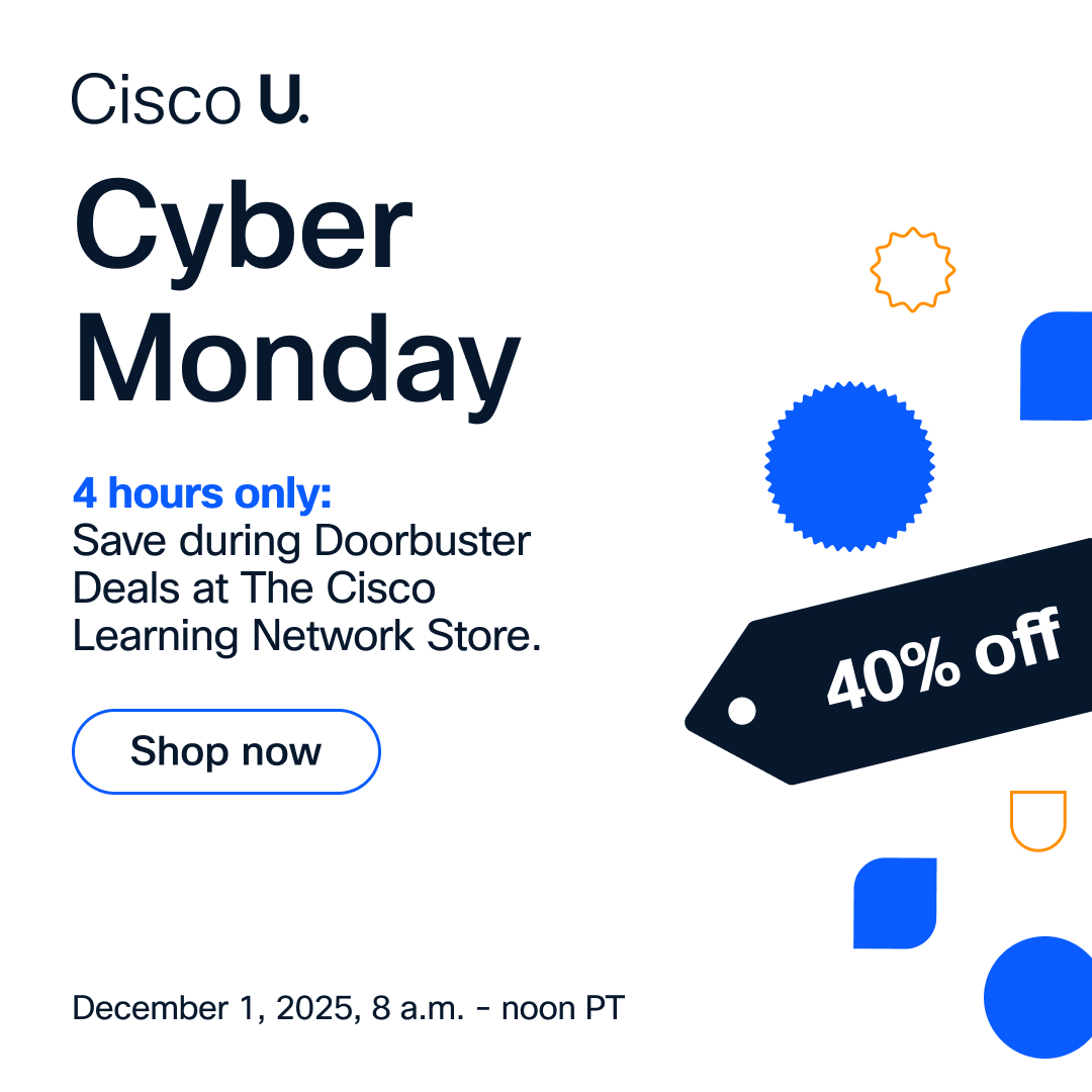 LearningatCisco's tweet image. ⚡ 4 HOURS ONLY: Save 40% on select learning products at the Cisco Learning Network Store.

It&apos;s almost time for the lowest prices of 2025. 

Shop Cyber Monday Doorbuster Deals TODAY, December 1, 2025, between 8 a.m. and noon Pacific Time 👉 cs.co/60137IPiL