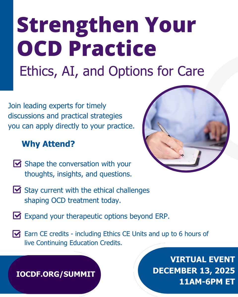 IOCDF's tweet image. There are so many reasons to attend the upcoming summit: Strengthen Your OCD Practice: Ethics, AI, and Options for care.

There&apos;s still time to register, visit iocdf.org/summit to learn more!
