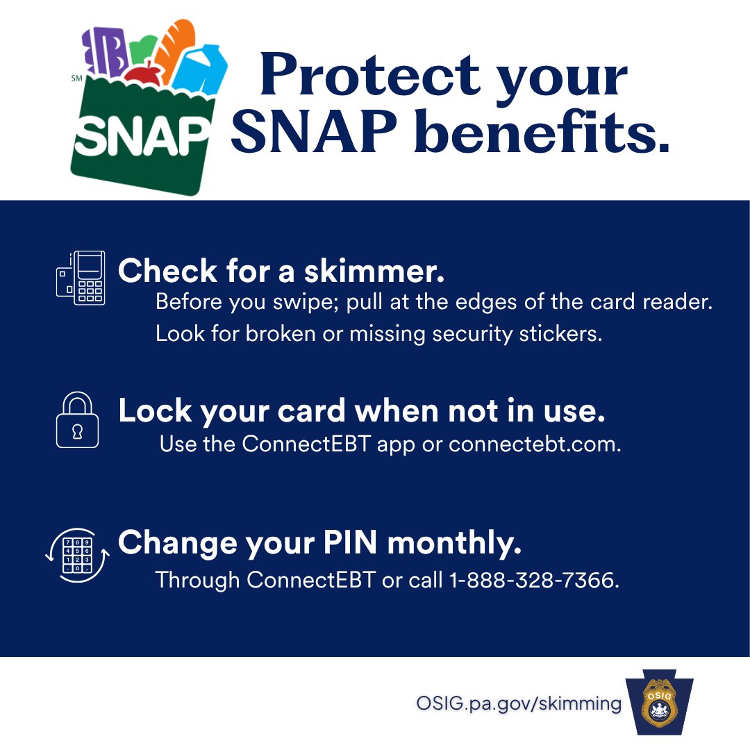 Criminals are after your benefits. Here are three ways to protect your SNAP.
👀Check for a skimmer. Before you swipe – pull at the edges of the card reader. Look for broken or missing security stickers.
🔒Lock your card! Get into the habit of locking your card after every use