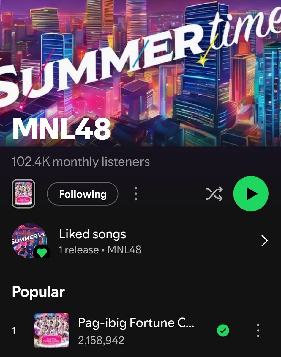 MNL48 now has 102.4K monthly listeners and PFC already has 2,158,942 streams!!!💙🥠✨️

#MNL48