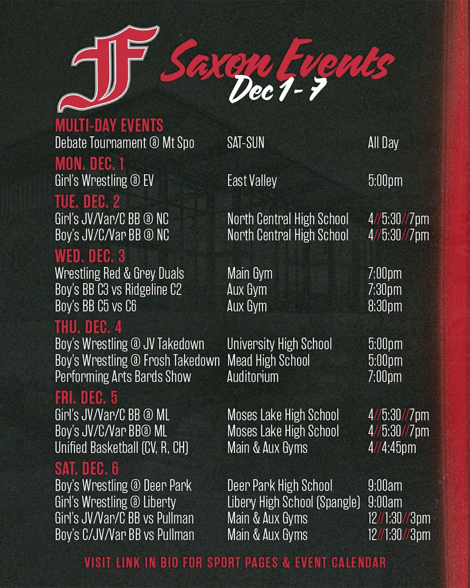 saxonsathletics's tweet image. Winter sports are officially underway! Wrestling and Basketball go into their first matchups, plus we have Debate, Bards &amp;amp; Unified Basketball events for you to check out this week.

#spokane #gosaxons⚔️