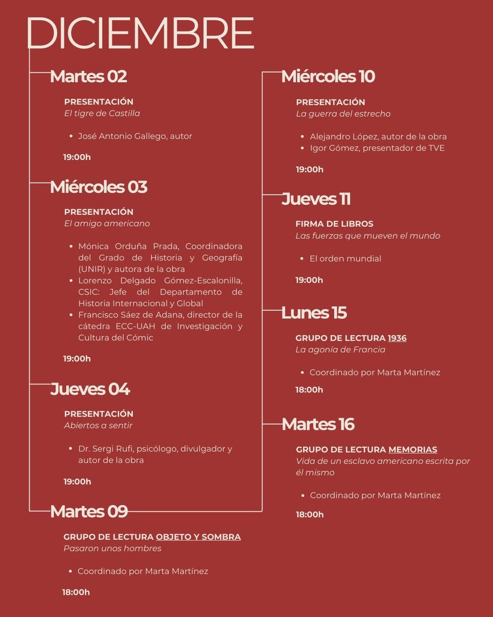 Ya está aquí la AGENDA CULTURAL de diciembre en E•S•P•A•C•I•O Dykinson📚🗣️🎄

Último mes del año, casi un año desde que abrimos nuestras puertas, muchas emociones y ganas de compartir libros, historias, anécdotas...con vosotros.

¡Os esperamos!

#diciembre #cultura #Madrid