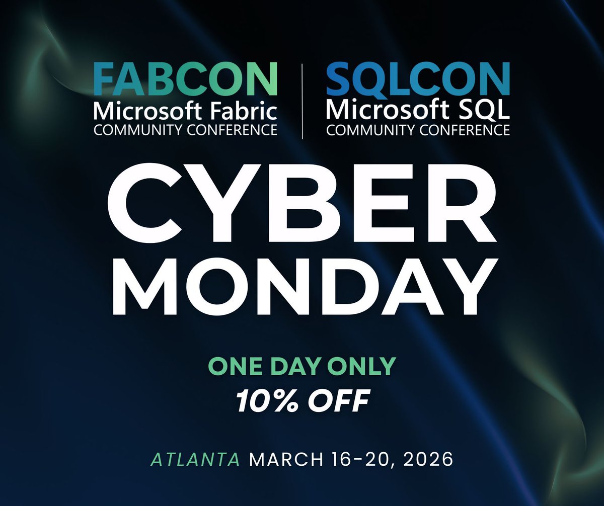 FABConSQLCon's tweet image. Cyber Monday = 𝟏𝟎% 𝐨𝐟𝐟 your FABCON &amp;amp; SQLCON pass.
Use Code: 𝐂𝐘𝐁𝐄𝐑𝟏𝟎
Ends tonight.
 
Register Here: fabcon.us/sqlcon-tickets