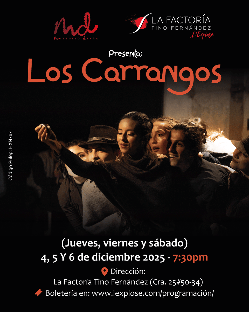 ¡𝗦𝘂𝗺𝗲𝗿𝗰𝗲́, venga ver! 🌾🔥
LOS CARRANGOS: una fiesta donde la danza tradicional boyacense y la danza contemporánea traen el campo al  𝗰𝗼𝗿𝗮𝘇𝗼́𝗻 𝗱𝗲 𝗕𝗼𝗴𝗼𝘁𝗮́.
𝗧𝗲𝗷𝗼, 𝗿𝗶𝘀𝗮𝘀 𝘆 𝗺𝗼𝘃𝗶𝗺𝗶𝗲𝗻𝘁𝗼
🎟️𝗘𝗻𝘁𝗿𝗮𝗱𝗮𝘀 𝗲𝗻 linktr.ee/Lexplose