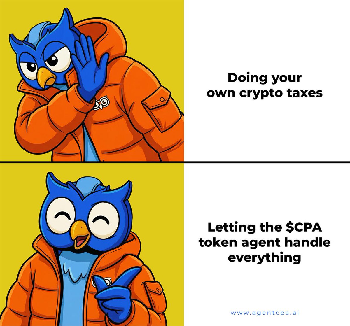 Doing your own crypto taxes? Pain.😩

Letting the $CPA agent handle it all? Bliss.😏

Stop stressing and let the owl cook.🦉

agentcpa.ai