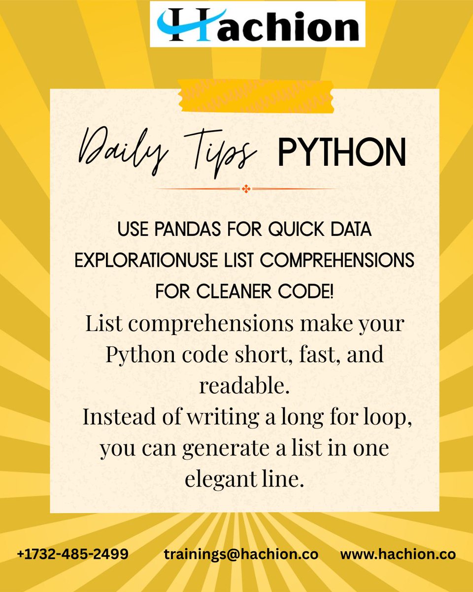 sanna_pra1401's tweet image. Python Daily Tip: Write Cleaner Code with List Comprehensions

List comprehensions are one of Python’s most powerful features.

#Python #PythonTips #DailyPython #CodingTips #CodeBetter #LearnPython #PythonProgramming #hachion #hachiontrainings