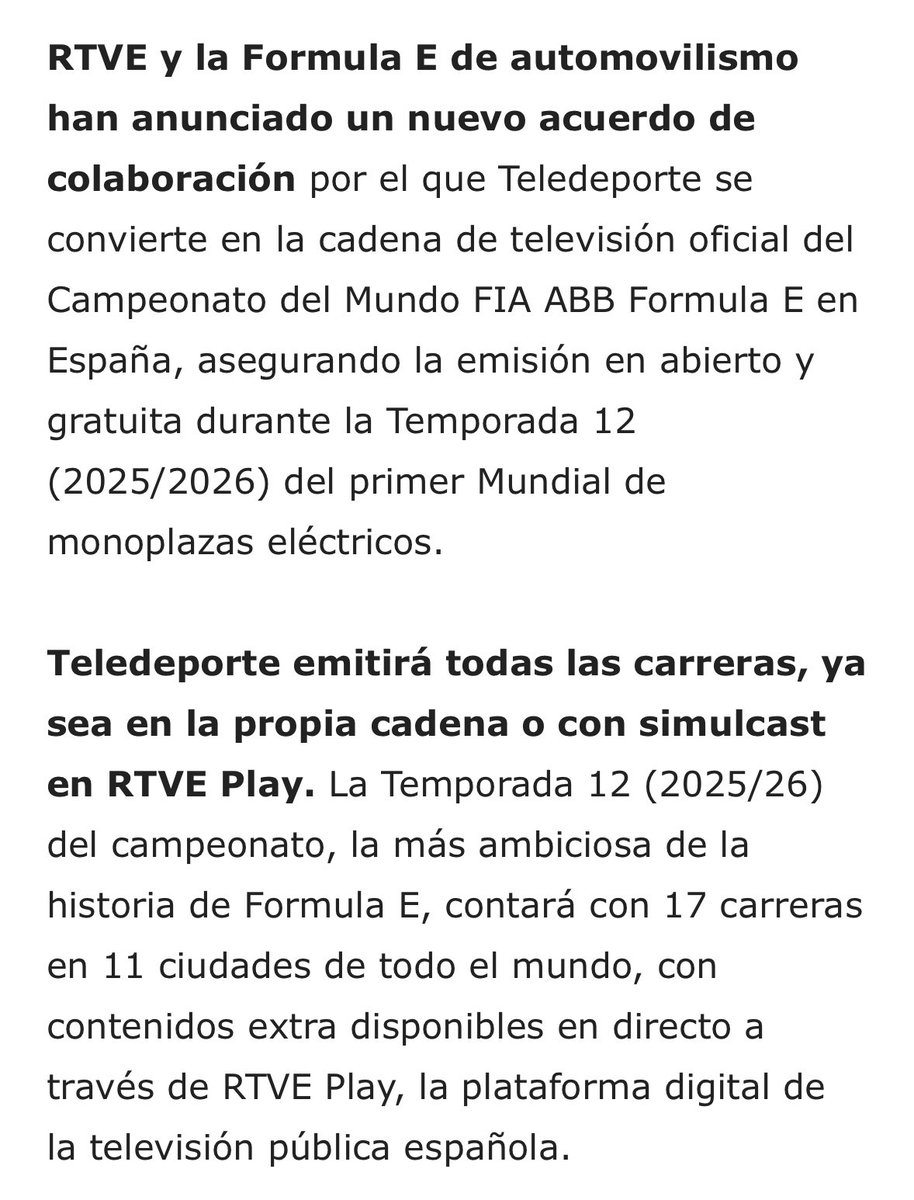 🚨 Breaking 🚨

📺Teledeporte emitirá la temporada 2025-2026 de la <a href="/FIAFormulaE/">Formula E</a> en la propia cadena o RTVE Play todos los españoles podrán seguir al español Pepe Martin.