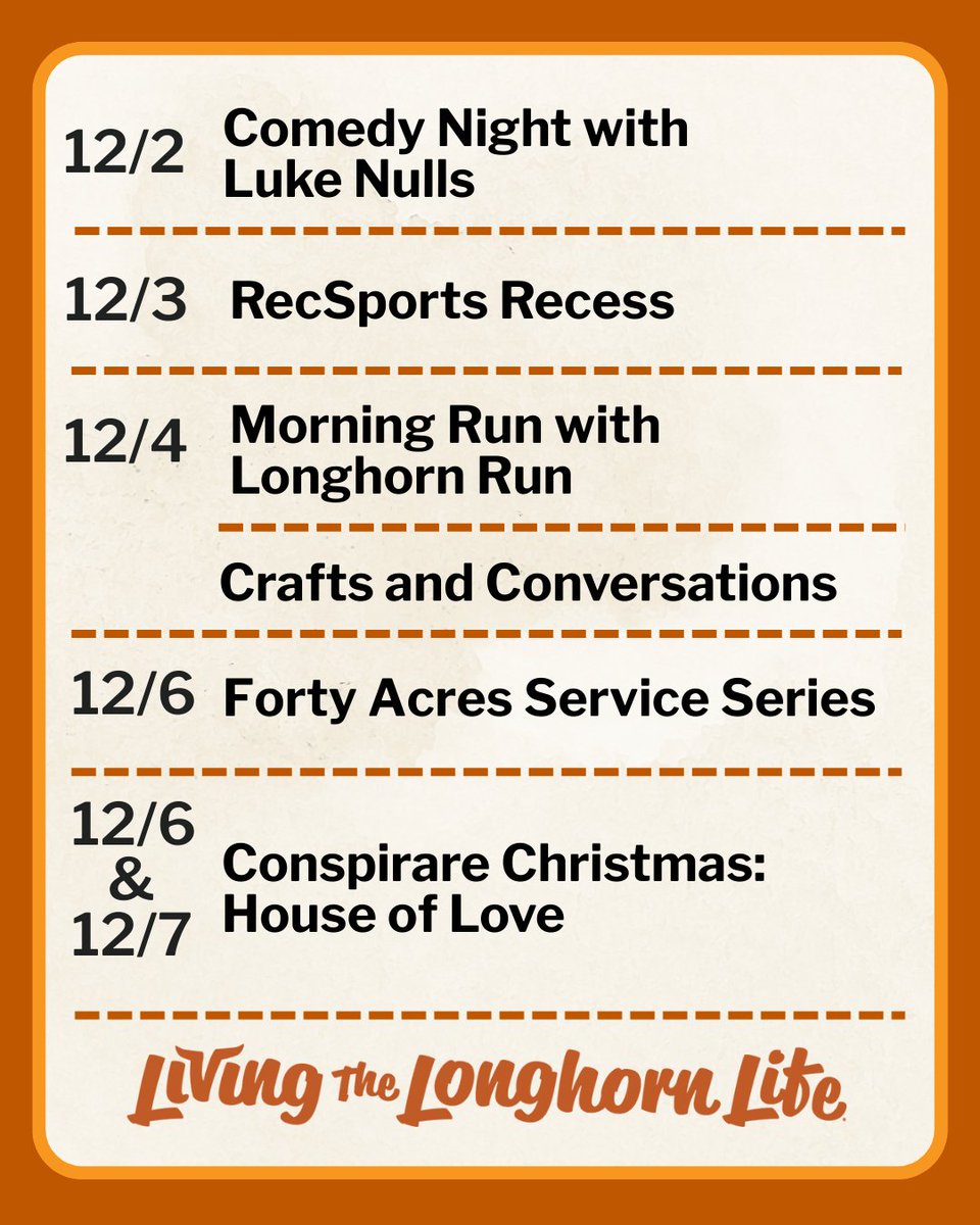 UTexasStudents's tweet photo. We’re in the home stretch, #Longhorns! 

Last week of classes &amp; finals are ahead. Check out these events to help you relax, recharge &amp; finish the semester strong: https://t.co/AV4dAINCLC

#LivingTheLonghornLife #PuttingStudentsFirst https://t.co/4iqvsiCFXF