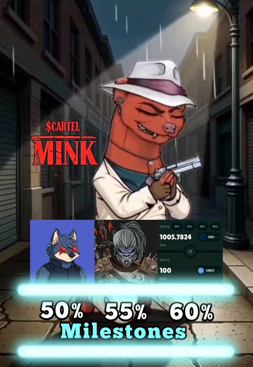 As we approach the important milestone of 50% minted in 9 days...

This is a reminder to all the $Cartel Minks who are now praying 🙏🏻
 
1 MINK  = 1 TICKET for the 3 RAFFLES previously announced and more to come...

🎁 1 WOLFIE at 50% minted
🎁 1 DARK LION at 55% minted
🎁 100$ in