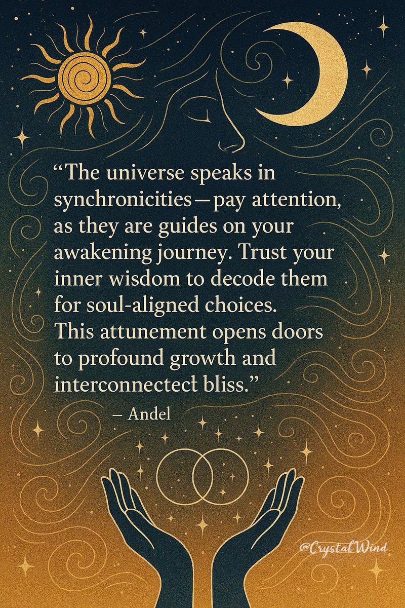 CrystalWind's tweet image. The universe speaks in synchronicities—pay attention, as they are guides on your awakening journey. Trust your inner wisdom to decode them for soul-aligned choices. This attunement opens doors to profound growth and interconnected bliss. – AndEl @crystalwind #Synchronicity #Soul